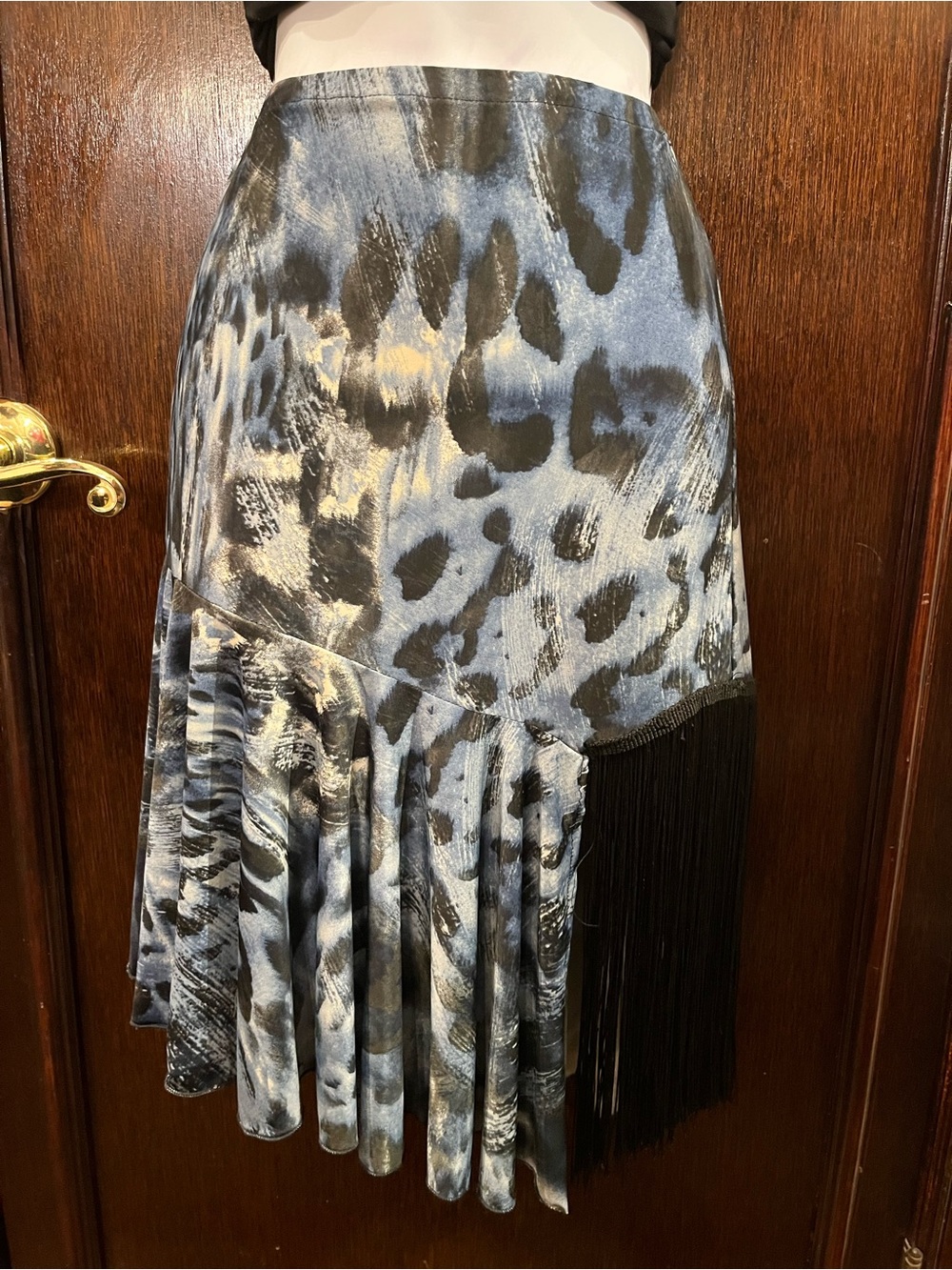 Source Unknown Blue and Black Asymmetrical Fringe Animal-Print Skirt